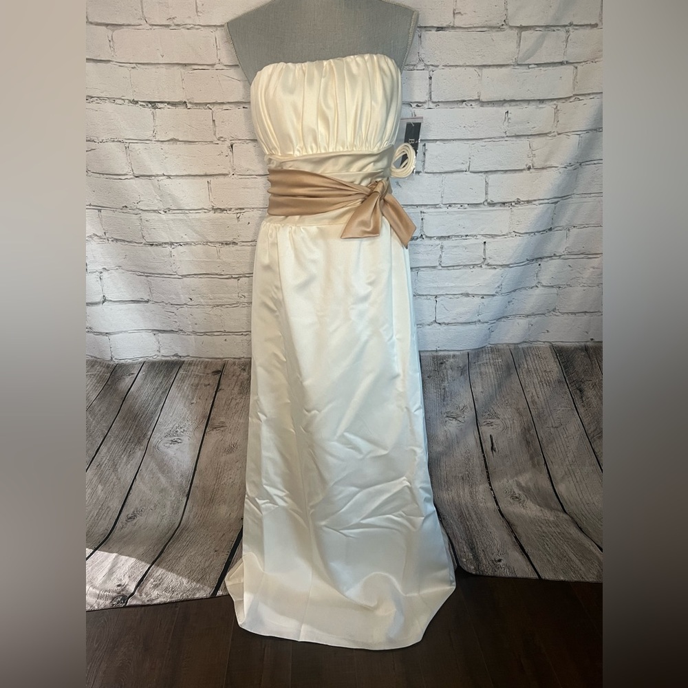 Vary Jay Formal satin dress ivory with beige sash size 10